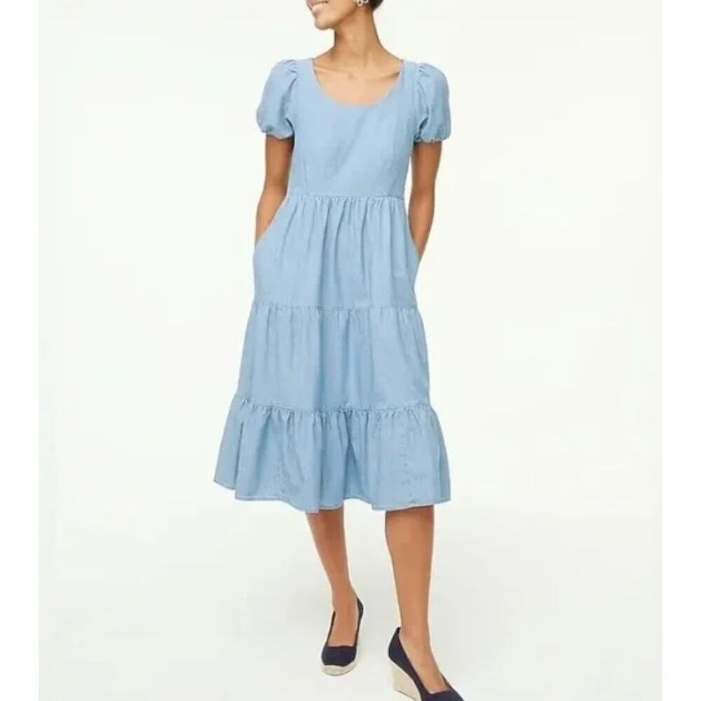 J.Crew Cotton Chambray Tiered Puff Sleeve Midi Denim Dress Size 8
